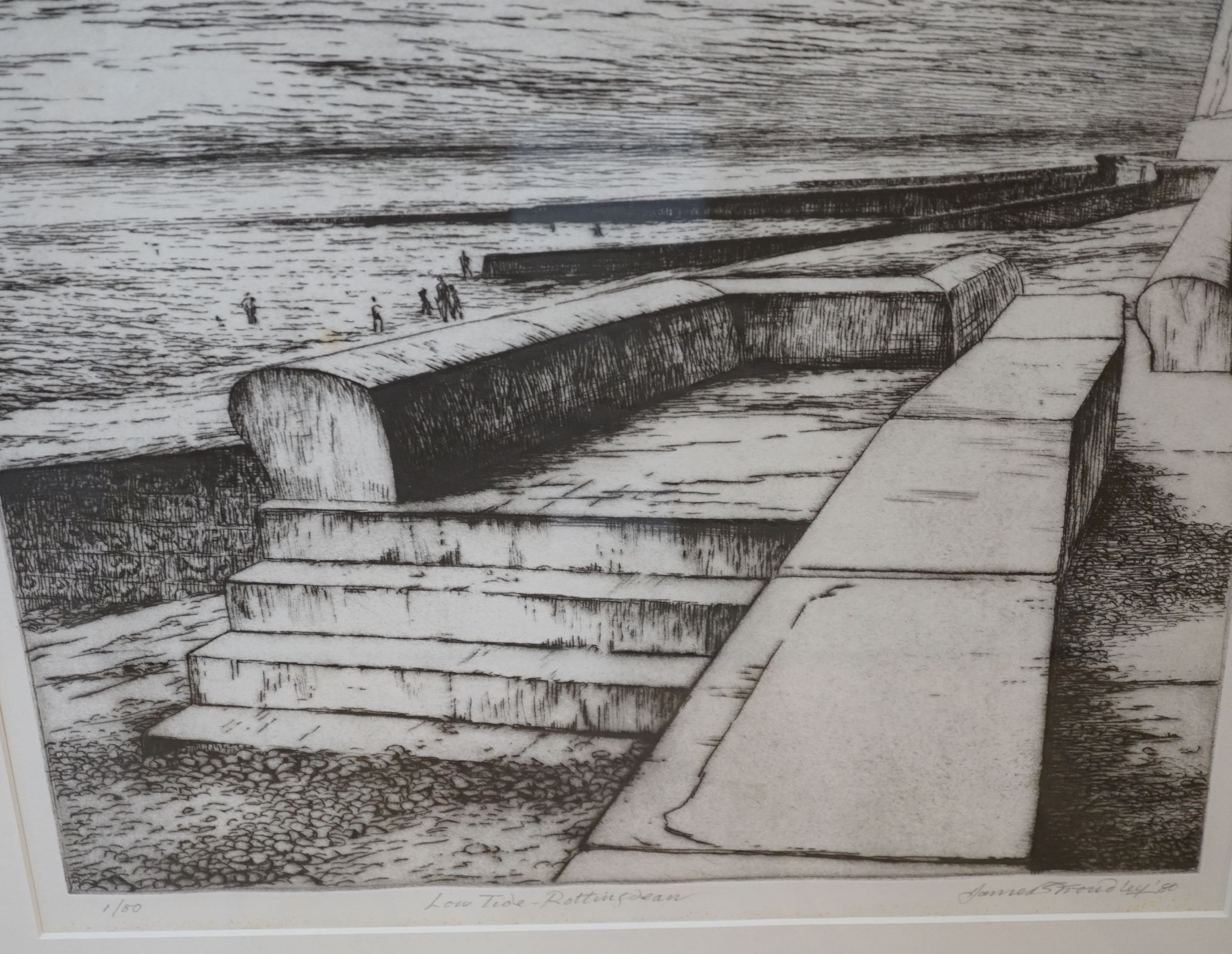 James Stroudley, three etchings, fresh weather in the channel, sort Dean, seawall Rottingdean, low tide Rottingdean, signed, largest image 33.5 cm X 31 cm